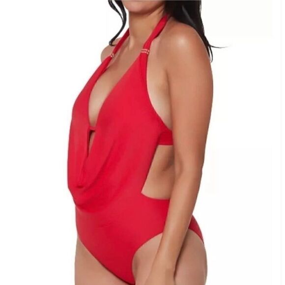 BAR III Solid Cowlneck One Piece Swimsuits Small Paradise Red swimwear S - Picture 3 of 13